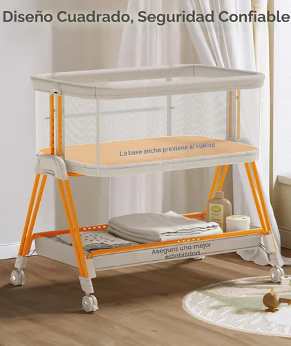 Vista 7 de Fodoss Moisés para bebé con ruedas, bandeja de almacenamiento, malla de 4 lados, 7 alturas ajustables, color beige