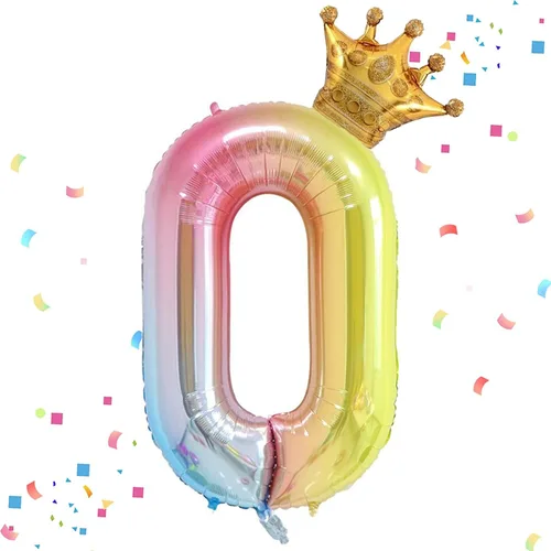 Globo de color arcoíris con el número 0, globo gigante número 0 de 40 pulgadas y mini globos de corona para decoraciones de fiesta de cumpleaños de