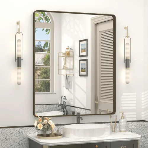 Vista 40 de Espejo rectangular para pared de baño de 20x30 pulgadas con marco negro mate, espejo de tocador con esquinas redondeadas, espejo de baño de metal