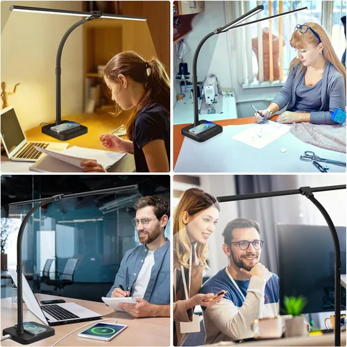 Vista 8 de ShineTech Lámpara de escritorio LED para oficina en casa, luz de escritorio de doble cabezal de 24 W con carga inalámbrica, puerto USB, 25 modos