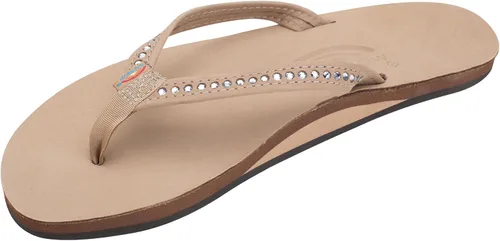 Rainbow Sandals Piel de una sola capa para mujer con correa estrecha de cristal Swarovski, Negro -