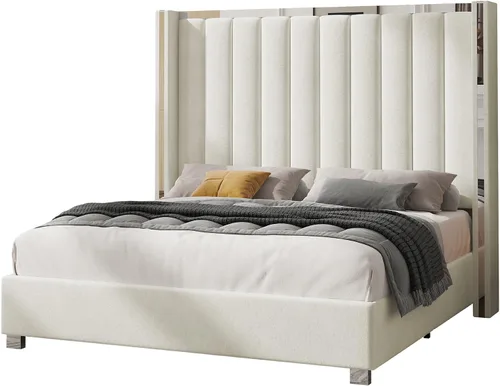 Vista 8 de Jocisland Base de cama tapizada tamaño King con cabecera de 58 pulgadas de Crema
