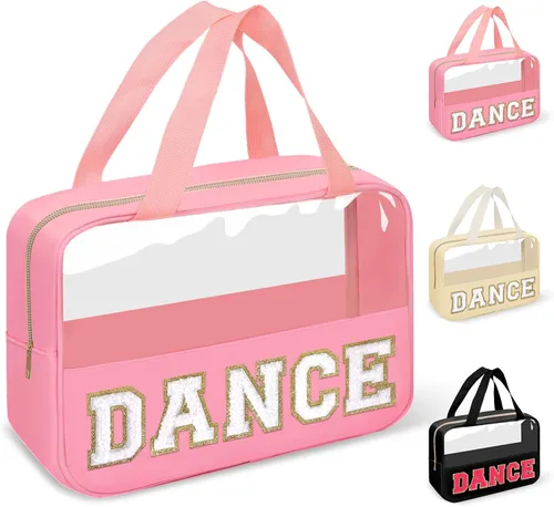 Vista 27 de izuzta Bolsas de maquillaje transparentes tipo tote con letras de chenilla, bolsa de maquillaje preppy con asa, Moda