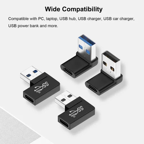 Vista 5 de Adaptador USB a USB C de 90 grados (paquete de 4), ángulo vertical hacia arriba y hacia abajo, horizontal a la izquierda y en ángulo recto USB A
