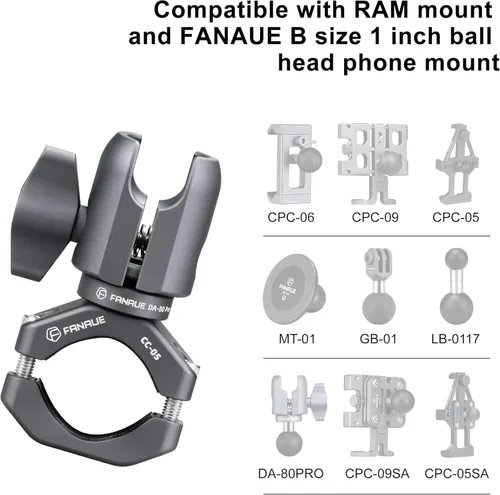 Vista 2 de FANAUE Brazo de enchufe único con abrazadera de manillar base de perno en U compatible con soportes RAM, cabezal de bola de 1 pulgada y soporte