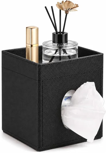 LAMOTI Funda de cuero para caja de pañuelos con bandeja de almacenamiento, soporte cuadrado para caja de pañuelos faciales para baño, mesa de Negro