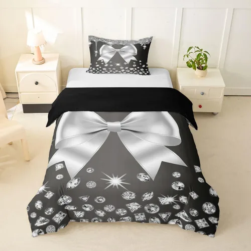 Vista 18 de Feelyou Coquette Bow Bedding Set Twin Size Leopared Bows Comforter Cover for Kids Teens Adults Glitter Diamond Blue Duvet Cover Cute Bowknot Room