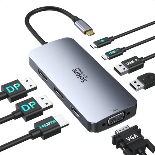Estación de acoplamiento USB C Monitor Dual DisplayPort, Hub USB C DisplayPort con 2 DP, HDMI, VGA, carga PD de 100 W, puertos USB-A/C 2.0,