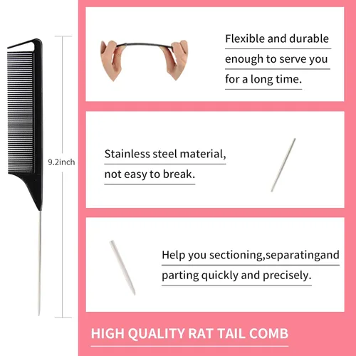 Vista 4 de Juego de 3 piezas de peine para peinar el cabello, cepillo de burlas, cola de rata, peine de borde para cepillado de bordes y espalda, peinar, Negro