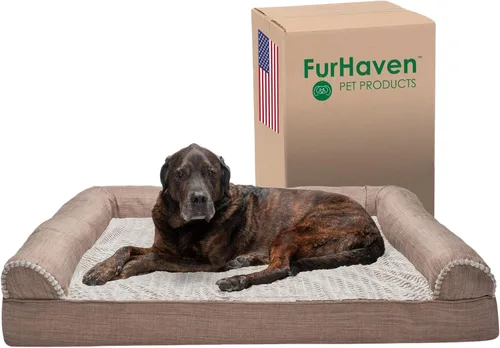 Vista 13 de Furhaven Cama para perro, de espuma viscoelástica, estilo sofá, Sherpa y chenilla, café, M