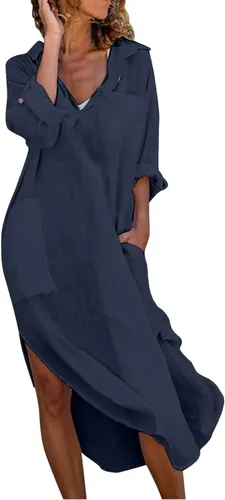 utcoco Vestido largo casual de lino y algodón para mujer, con solapa, botones, manga con puños, abertura lateral, con bolsillos