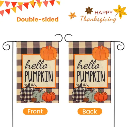 Vista 3 de Bandera de jardín de otoño con texto en inglés «Hello Pumpkin», bandera de doble cara de 12 x 18 pulgadas para patio, decoración de Acción