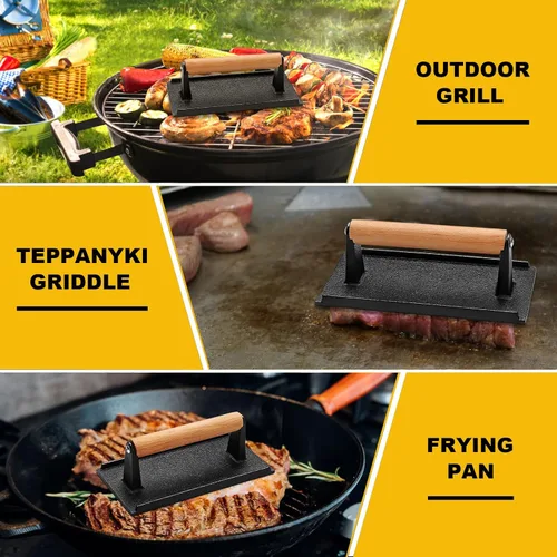 Vista 6 de AIVIKI - Prensa para hamburguesas, prensa para hamburguesas Smash para plancha Blackstone, hierro fundido resistente rectangular de 8.2x4.2 pulgadas