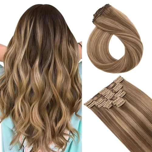 Vista 44 de Extensiones de cabello con clip, cabello humano Remy, extensiones de cabello largo lacio de una pieza con 5 clips, con gancho para colgar