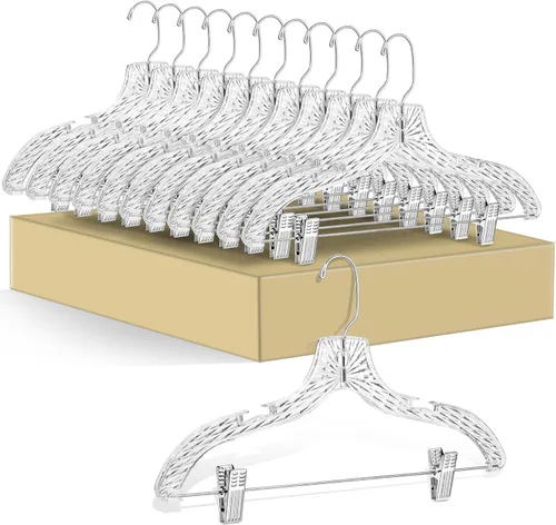 Perchas de plástico transparente de calidad para faldas, paquete de 12 piezas con corte de cristal para faldas, pantalones, vestidos, trajes,