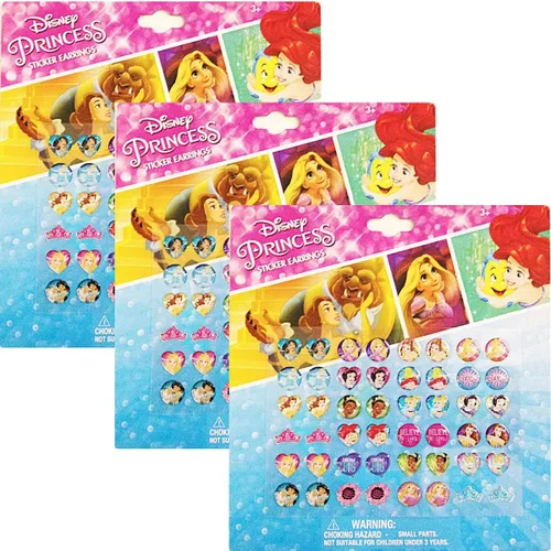Disney Princess Kids - Juego de 24 pares de aretes adhesivos (paquete de 3)