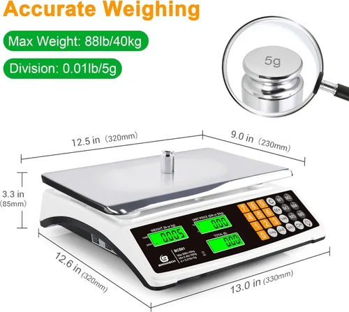 Vista 4 de Báscula de cálculo de precios 88 lb/40 kg Báscula comercial de alimentos para pesaje de productos de carne, pantalla LCD y retroiluminación verde