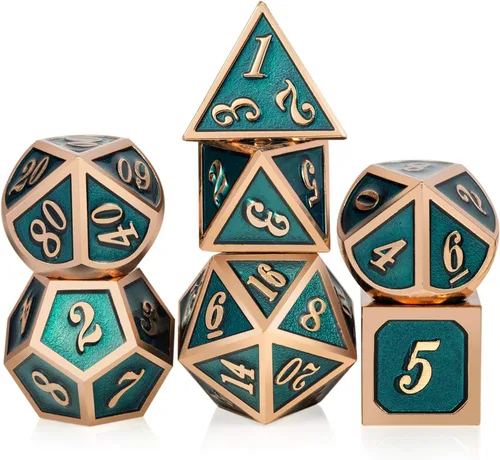 Vista 35 de DNDND - Dados de diseño antiguo, 7 dados de metal de latón con caja de metal para juegos de mesa como Dungeons and Dragons