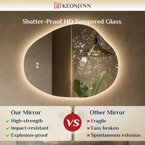Vista 5 de Keonjinn Espejo retroiluminado irregular de 24 x 30 pulgadas, espejo de baño LED asimétrico con vidrio templado HD, controlador LED
