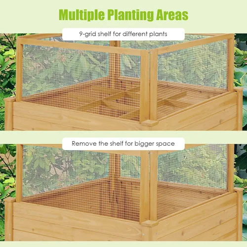 Vista 9 de Giantex Cama de jardín elevada con valla, maceta de madera elevada con valla de protección, contenedor de plantas de 9 rejillas, caja de plantas al