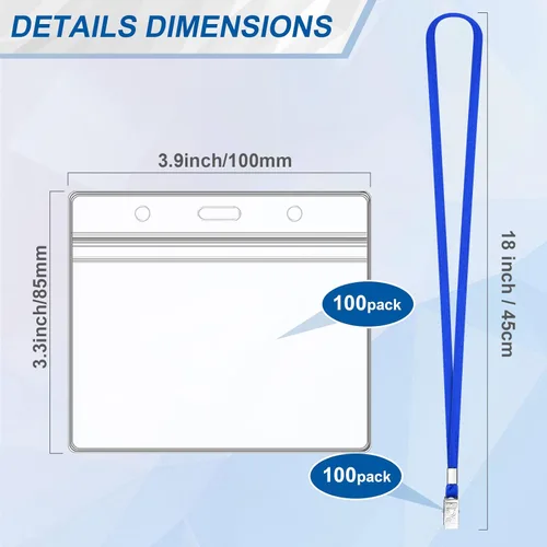 Vista 3 de 100 cordones para insignias de identificación y 100 soportes horizontales de plástico transparente para tarjetas de identificación, cordones de Azul