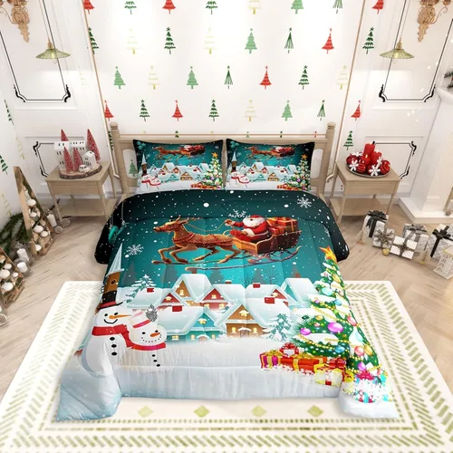 Vista 17 de Manfei Juego de edredón de Navidad, tamaño King, juego de edredón de árbol de Navidad, muñeco de nieve con 2 fundas de almohada, juego de ropa