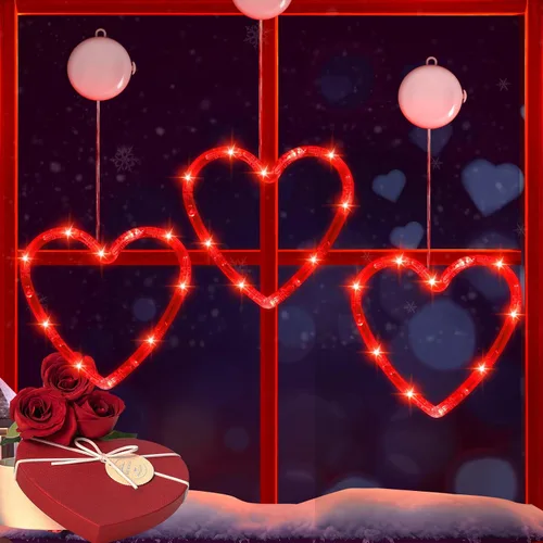 3 luces de ventana para el día de San Valentín, decoración de ventana con forma de corazón rojo, funciona con pilas, luces románticas colgantes con