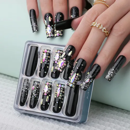 Vista 9 de Uñas postizas a presión con punta francesa color rosa, uñas postizas largas cuadradas de lujo, diseño de flores 3D, acabado UV, uñas postizas