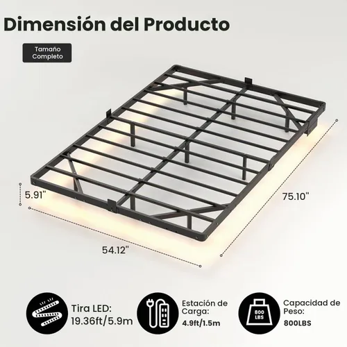 Vista 2 de Liians Marco de cama flotante moderno de tamaño completo con luces LED inteligentes, estación de carga USB, plataforma de metal resistente,