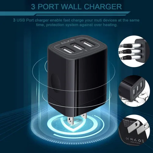 Vista 2 de Cargador de pared USB, adaptador de cargador, Ailkin de 2.4 amperios de doble puerto plegable cargador rápido cubo de repuesto para iPhone