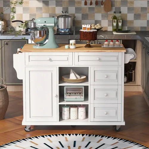 Vista 2 de Carrito móvil de isla de cocina de estilo moderno de 53 pulgadas de ancho con escritorio y gabinete de madera de goma, 5 cajones y ruedas