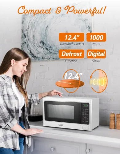 Vista 4 de Microondas Commercial Chef 1.3 pies cúbicos con 10 niveles de potencia, microondas con puerta de botón de bloqueo, microondas de 1000W para encimera