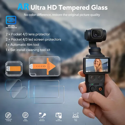 Vista 6 de Tomat Protector de pantalla AR para DJI Pocket 4/3, accesorios con kit de instalación de alineación automática, película protectora de pantalla