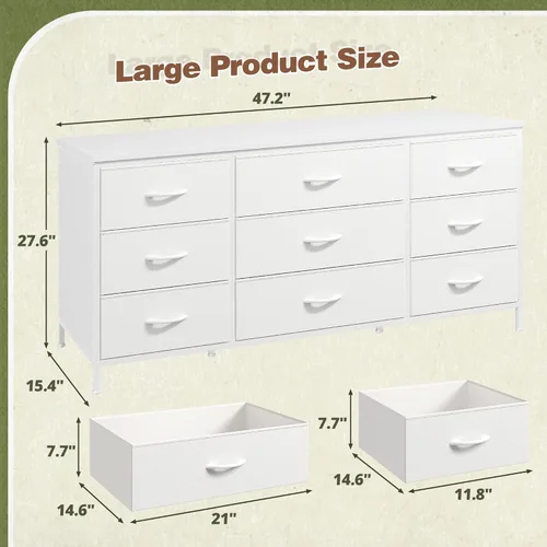 Vista 27 de EnHomee Cómoda para dormitorio con 9 cómodas anchas, soporte de TV de 60 pulgadas para dormitorio, cómoda larga y centro de entretenimiento de TV