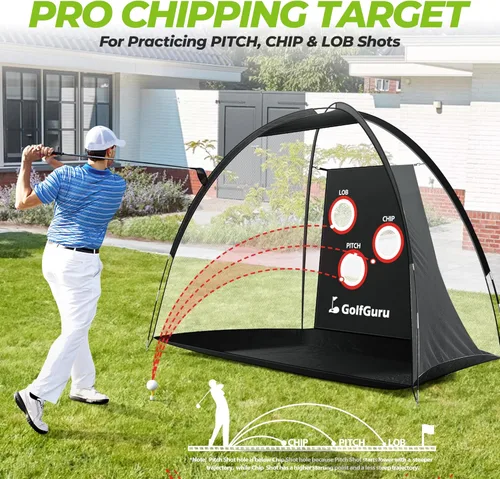 Vista 3 de Golfguru Red de práctica de golf todo en 1: 10 x 7 pies con objetivo de astillado profesional, tapete de triple césped, 10 bolas, 7 camisetas, 2
