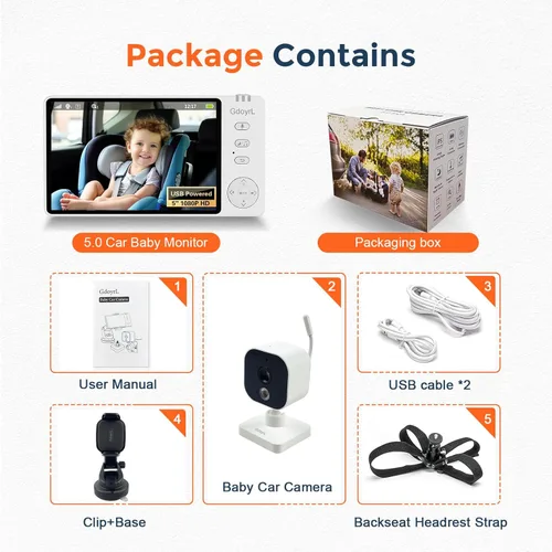 Vista 8 de Cámara inalámbrica para automóvil de bebé con HD 1080P IPS de 5 pulgadas, monitor de asiento trasero giratorio de 360° alimentado por USB