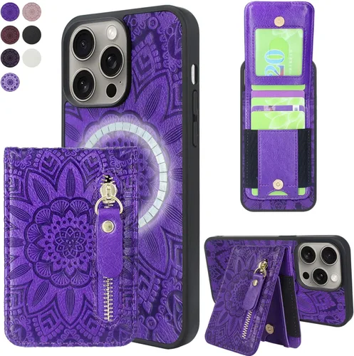 Vista 7 de Harryshell Funda magnética para iPhone 15 Pro Max compatible con carga inalámbrica MagSafe y MagSafe con bolsillo con cremallera para montaje