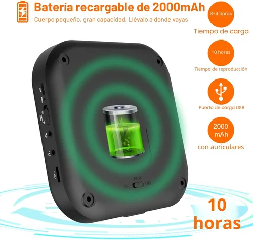 Vista 6 de Reproductor de CD portátil, reproductor de CD Bluetooth MONODEAL con altavoces y transmisor FM, reproductor recargable de 1800 mAh para automóvil