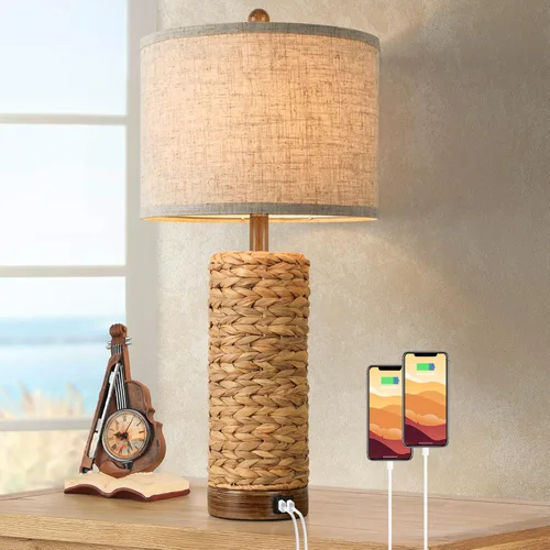 Lámpara de mesa de ratán para sala de estar con 2 puertos USB, lámpara de mesa de dormitorio de 27 pulgadas de altura con base de sarga marina hecha