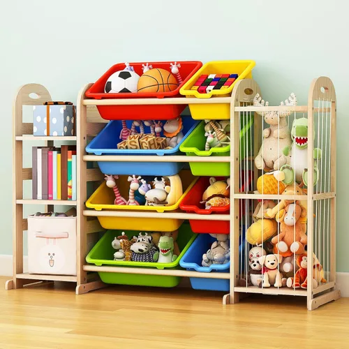 Toy Storage Organizer, Toy Organizers and Storage with Stuffed Animal Storage, Kids Toy Storage Shelf with 3 Shelves 8 Storage Bins, Kids Bookshelf,