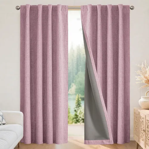 Vista 13 de Joydeco - Cortinas 100% opacas, 2 paneles de lino natural para oscurecer habitación, aislamiento térmico, trabillas traseras y bolsillo para barra