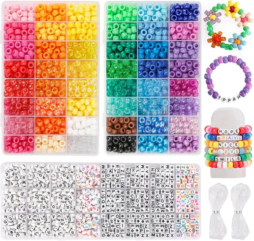Quefe Juego de 3960 cuentas de poni para hacer pulseras de amistad, juego de cuentas Kandi de 48 colores, 2400 piezas de plástico arcoíris a granel