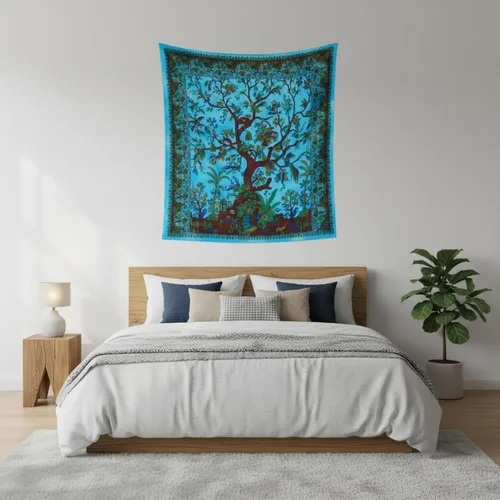 Vista 9 de Craft Trade Tapiz de algodón indio con mandala para colgar en la pared, diseño de árbol de la vida, estético, bohemio, hippie, sala de estar, Verde