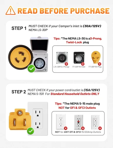 Vista 8 de MECMO Adaptador de 30 amperios a 110 RV con conector de bloqueo, cable de enchufe de alimentación NEMA 5-15P a L5-30R, adaptador doméstico de 15 A