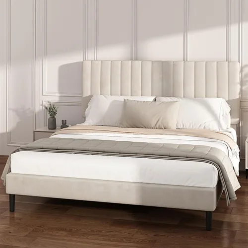 Vista 3 de Base de cama de plataforma tamaño Queen con cabecera capitoné de canal vertical, no necesita somier, sin ruido, fácil montaje, terciopelo beige