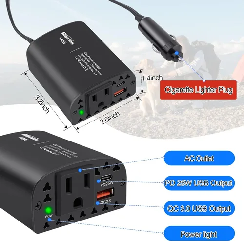 Vista 3 de 150W inversor de corriente de coche DC 12V a 110V AC adaptador de salida de coche con PD 25W &QC3.0 puertos USB cargador de coche para laptop