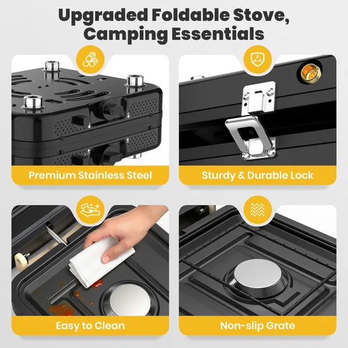 Vista 5 de Estufa de campamento de propano plegable de 2 quemadores con bolsa de transporte, quemadores de calor altos ajustables y botón piezoeléctrico