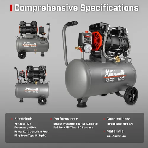Vista 6 de XtremepowerUS 2HP Tanque de compresor de aire ultra silencioso de acero sin aceite 60 dB Tanque de 7 galones, 4.9 CFM a 116 PSI, ideal para tiendas