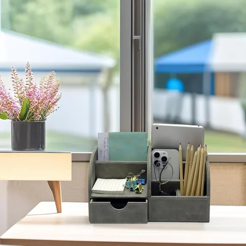 Vista 11 de UnionBasic Organizador de escritorio - Caja de almacenamiento multifuncional de cuero para escritorio con soporte para bolígrafos - Para tarjetas