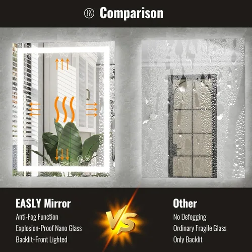 Vista 2 de Easly - Espejo de baño LED de 24x32 pulgadas con función antiempañamiento y memoria - Iluminación dual (retroiluminación + iluminación frontal), 3